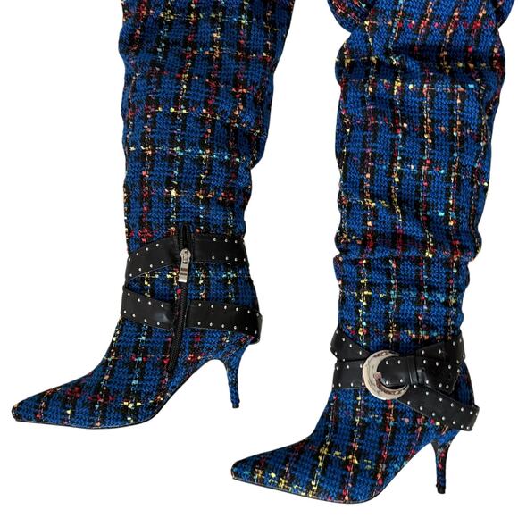 AZALEA WANG Taja Plaid Thigh High Boot With Buckle Detail In Blue 3'' Heel - Picture 10 of 13